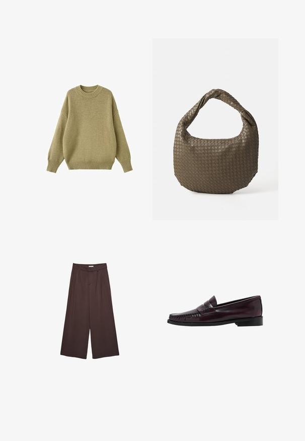 Strickpullover in einem gedämpften Olivton, mit einem runden Ausschnitt, überschnittenen Schultern und gerippten Bündchen sowie Saum für zusätzliche Textur.; Langärmliges Hemd in zartem Rosa mit vertikalen weißen Streifen. Mit spitzem Kragen, Frontknöpfen und abgerundetem Saum. Weicher Stoff.; Braune, weite Hosen aus weichem Material, mit Falten an der Taille und seitlichen Taschen. Maßgeschneiderte Silhouette mit bequemem Sitz.; Dunkelbraune Herrenleder-Pennyloafers mit schwarzer Sohle und Steppdetails entlang der Spitze, im Seitenprofil gezeigt.; Geflochtene olivgrüne Handtasche mit runder Form und gedrehter Tragegriff. Strukturiert Oberfläche mit diagonaler Musterung. Reißverschlussverschluss.