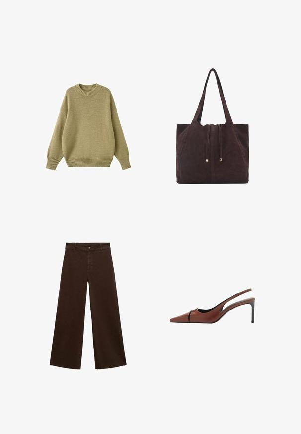 Knit sweater in a muted olive color, featuring a rounded neckline, dropped shoulders, and ribbed cuffs and hem for added texture.; Brown wide-leg trousers in cotton blend, featuring a frayed hem, front button closure, and classic five-pocket design. Minimalistic and versatile.; Brown leather slingback heel with a pointed toe, cutout detail at the vamp, and a sleek stiletto heel. Smooth texture.; Mango Tote bag - dark brown