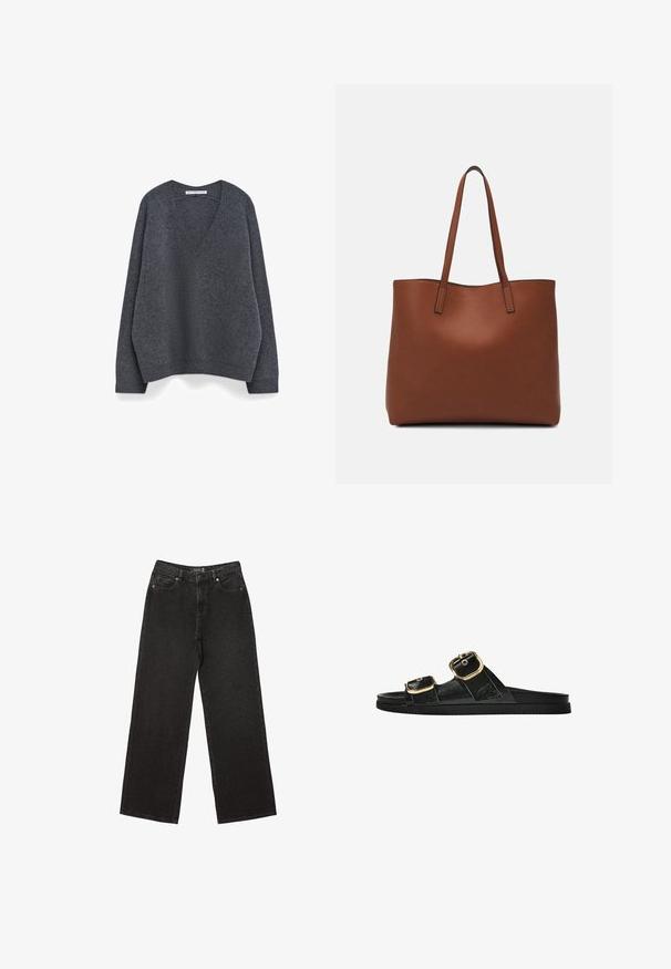 Maglione grigio a v, dalla vestibilità morbida, realizzato in morbido tessuto a maglia. Presenta polsini e orlo a costine, con una texture liscia e dettagli minimi.; Jeans neri a gamba larga realizzati in denim, caratterizzati da piccoli motivi a pois, design classico a cinque tasche e chiusura con bottone e zip.; Infradito neri con due accenti di fibbia dorata, materiale dalla texture liscia, suola piatta e design minimalista.; Borsa tote in pelle marrone con texture liscia, design con apertura superiore e due spallacci. Presenta cuciture minime e nessun hardware visibile.