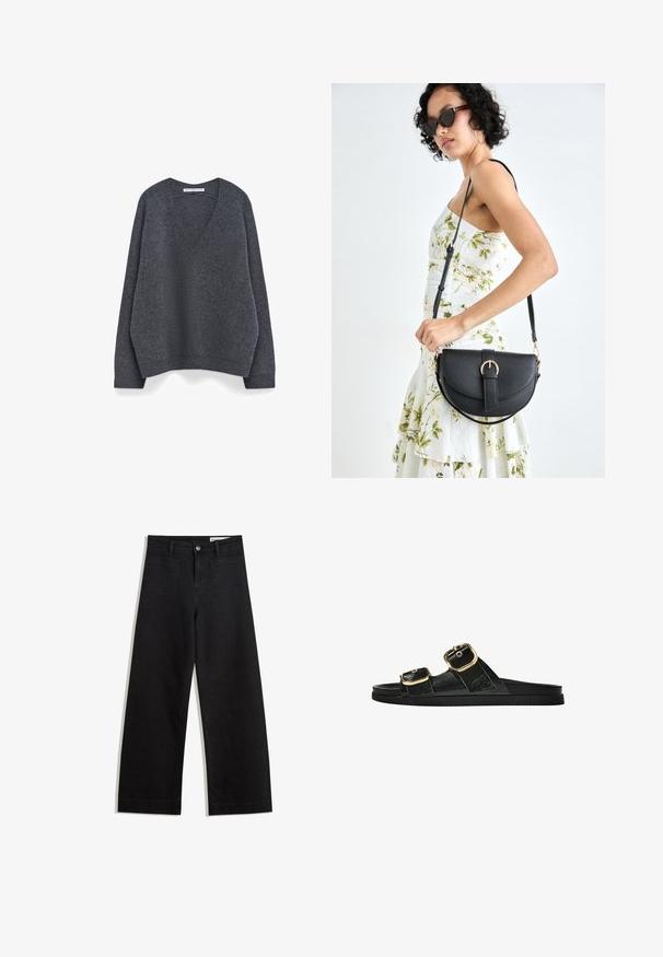 Grijze v-hals trui met een relaxte pasvorm, gemaakt van zacht breipatroon. Voorzien van ribgebreide manchetten en zoom, met een gladde textuur en minimale details.; Zwarte denim broek met wijde pijpen en een hoge taille, voorzien van voor- en achterzakken, gestikte naden en een knoopsluiting. Gladde textuur.; Zwarte slipper met twee gouden gesps, gladde textuur, platte zool en een minimalistisch ontwerp.; Zwarte leren handtas met een gebogen vorm, afneembare schouderband en gouden hardware. De tas heeft een klep met een gespsluiting.