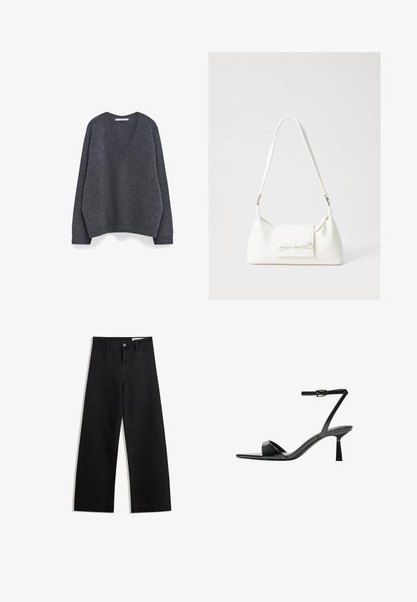 Szary sweter w serek o luźnym kroju, wykonany z miękkiej dzianiny. Posiada prążkowane mankiety i dół, charakteryzuje się gładką teksturą i minimalnymi detalami.; Czarne dżinsowe spodnie o szerokich nogawkach i wysokim stanie, z przednimi i tylnymi kieszeniami, przeszyciami oraz zapięciem na guziki. Gładka struktura.; Bershka - Sandały na obcasie; Biała syntetyczna torba o trójkątnym kształcie, płaskim przednim klapce i detalach w postaci kokardy, regulowanym pasku, gładkiej fakturze oraz minimalistycznym designie.