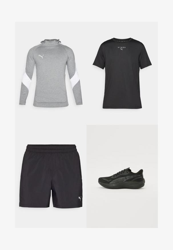 Pelēks džemperis ar gariem piedurknēm, ar baltām akcentiem uz pleciem, augstu kaklu un mazu logotipu uz krūtīm. Strukturēta auduma.; Melnas īsām piedurknēm sporta T-krekls, kas izgatavots no viegla auduma. Iezīmēts ar apaļu kakla izgriezumu un uzdrukātu "HYROX" logo ar Puma simbolu priekšpusē.; Melni sporta šorti ar elastīgu jostu, izgatavoti no viegla materiāla, ar mazu baltu logo apakšējā malā.; Melna sporta kurpe ar teksturētu acu augšdaļu, plakanām auklām un mīkstu zolīti, kurai ir smalkas atstarojošās akcenti.