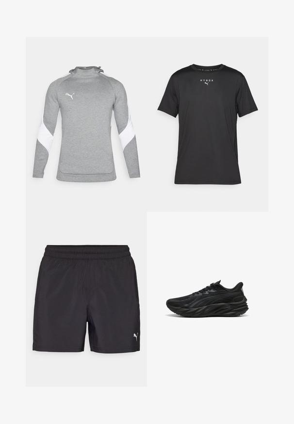 Harmaa neule pitkähihaisilla, jossa on valkoisia yksityiskohtia harteilla, korkeakaulus ja pieni logo rinnassa. Texturoitu kangas.; Mustat lyhythihaiset urheilupaidat, jotka on valmistettu kevyestä kankaasta. Ominaisuuksiin kuuluu pyöreä pääntie ja painettu "HYROX"-logo Puma-embleemin kera edessä.; Musta urheiluverkko hame, joka on valmistettu kevyestä materiaalista, joustavalla vyötärönauhalla ja jossa on pieni valkoinen logo alhaalla.; Mustat urheilukengät, joissa on teksturoitu päällinen, kaareva pohja ja vahvistettu kantapää. Varustettu nauhoilla ja hillityllä sivuelementillä.