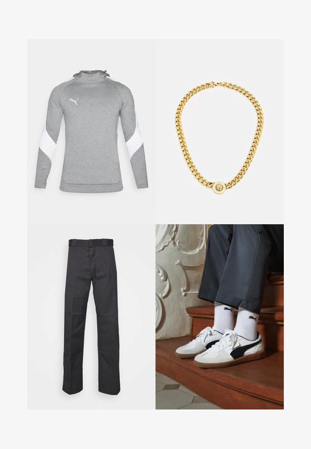 Siv pulover z dolgimi rokavi, ki ima bele poudarke na rami, visok ovratnik in majhen logo na prsih. Teksturovan material.; Črne hlače iz trpežnega blaga, z ravnim krojem, pasom z zankami za pas in šivi za dodano teksturo.; Puma superge v beli in črni usnjeni izvedbi, sročene s rjavim gumijastim podplatom. Usklajene z belimi nogavicami z črnim logotipom, nosijo se s temnimi hlačami.; Zlata verižica z velikimi medsebojnimi povezavami, ki ima v središču krožni obesek z izbočenim grbom.