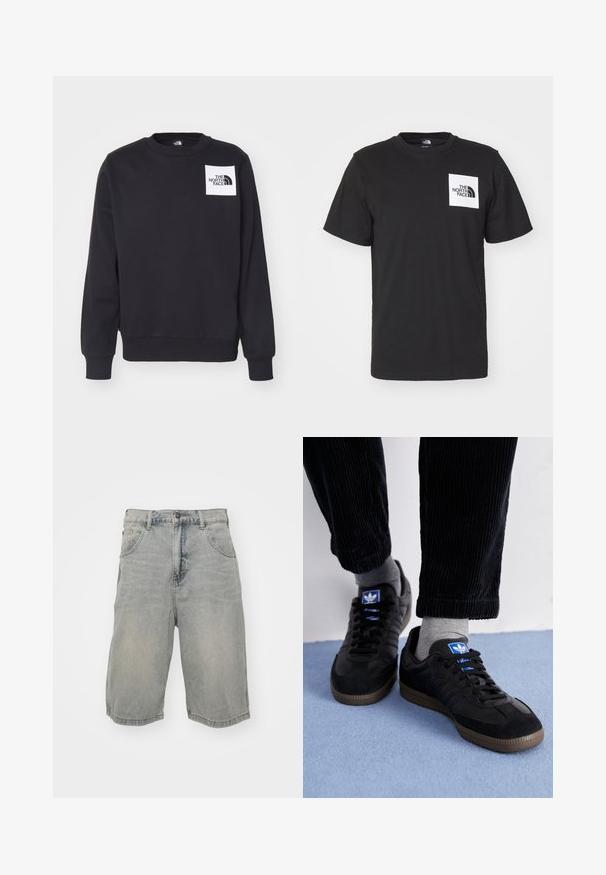 Czarna bluza z okrągłym dekoltem, z prążkowanymi mankietami i dołem. Zawiera białą kwadratową naszywkę z logo "THE NORTH FACE" na piersi.; Czarna bawełniana koszulka z krótkim rękawem, okrągłym dekoltem oraz białym kwadratowym logo na klatce piersiowej, na którym znajduje się tekst "The North Face" oraz lekko zakrzywiony wzór.; Jasnoniebieskie szorty dżinsowe o luźnym kroju, z pięcioma kieszeniami, szlufkami na pasek oraz przetartą fakturą. Krawędź jest podwinięta i przyszyta.; Czarne trampki z materiału zamszowego i skórzanego, z niebieskim logo i brązową gumową podeszwą. Dobrane z szarymi skarpetkami i spodniami z korduroju.