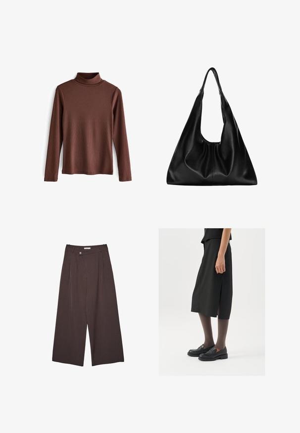 Next ROLL NECK STANDARD - Trui - brown; Brede bruine pantalons met streepjes, voorzien van een knoopsluiting en riemlussen, plat weergegeven op een witte achtergrond.; Zwarte knielange rok met zijsplit, gecombineerd met zwarte loafers en doorzichtige bruine panty's, met een mooie stof en een eenvoudig ontwerp.; Zwarte leren hobo tas met een zachte, gebogen vorm. Heeft een brede bovenhandgreep en plooien aan de onderkant voor een slappe textuur.
