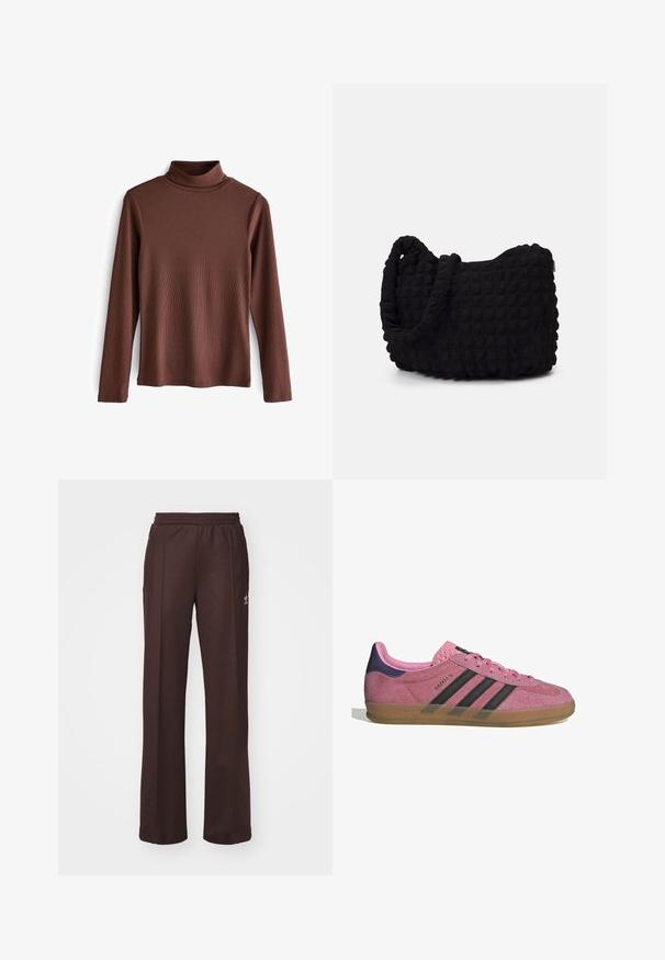 Next ROLL NECK STANDARD - Strickpullover - brown; Braune Sporthose mit einem elastischen Bund, zwei Seitentaschen und einem kleinen Logo auf der linken Seite, gefertigt aus weichem Stoff.; Rosa Wildleder-Sneaker mit schwarzen Streifen, Gummisohle und strukturiertem lila Fersenbereich. Verfügt über ein Schnürdesign und geprägte Markenkennzeichnung an der Seite.; Schwarze Stofftasche mit einer strukturierten, gesteppten Oberfläche. Abgerundete Form, kurze, dicke Griffe und eine weiche, flexible Struktur.