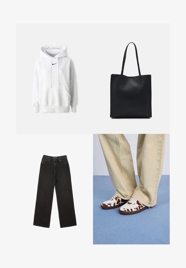 Šedá mikina s predným vreckom, kapucňou a šnúrkami. Na hrudi sa nachádza čierne logo Nike. Vyrobená z mäkkého, textúrovaného materiálu.; Čierne široké džínsy vyrobené z denimu, s malými bodkovanými vzormi, klasickým dizajnom s piatimi vreckami a zapínaním na gombík a zips.; Biele a hnede vzorované tenisky z mesh a kože, s hnedými gumovými podrážkami. Skombinované so svetlobežovými voľnými nohavicami.; Čierna kožená taška na rameno s hladkým povrchom, obdĺžnikovým tvarom a dvoma dlhými uchami. Bez viditeľného kovania alebo ozdôb.