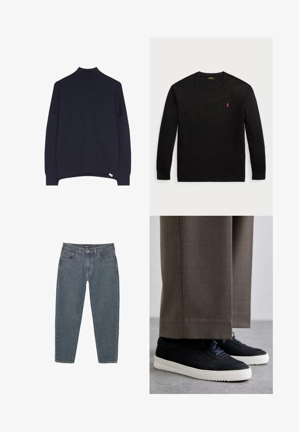 Navy blue golf z golfem o luźnym kroju, wykonany z miękkiego materiału. Posiada opuszczone ramiona i prosty dół. Brak widocznych wzorów lub akcentów.; Czarny t-shirt z długim rękawem wykonany z bawełny. Posiada okrągły dekolt, ściągacze przy mankietach oraz małe czerwone haftowane logo na piersi. Gładka tekstura.; Granatowe jeansy z luźnym krojem, pięcioma kieszeniami, zapięciem na guzik i lekko postrzępionym dołem. Trwały materiał o subtelnej teksturze.; Czarne zamszowe sneakersy z białymi gumowymi podeszwami, z zaokrąglonym noskiem i sznurówkami, noszone z szarymi dopasowanymi spodniami.