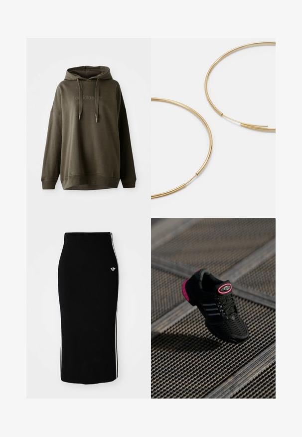 Temno olivno zeleno kapuco iz mehkega bombažnega blaga, ki ima sprednji kenguru žep, kapuco na vrvico in embosiranim logotipom na prsih.; Črna rebrasta midi krila s prilegajočim dizajnom, ki ima bele stranske črte in mali bel emblem na levi strani.; Črne atletske čevlje z mrežasto zgornjšo plastjo, rožnate akcenti in črne črtaste podrobnosti. Imajo teksturiran podplat in oznako z logotipom na peti.; Zlate obroče ušesne uhane, tanke in krožne oblike, z gladko kovinsko površino brez okrasnih elementov ali vzorcev.