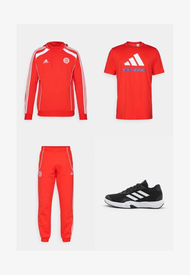 Červená mikina s kapucňou a bielymi akcentmi, troch bielych pruhov pozdĺž rukávov. Obsahuje logo FC Bayern München a šnúrku na kapucni.; Červené bavlnené tričko s bielym logom s tromi pruhmi a textom "BAYERN MÜNCHEN" v modrej farbe. Okrúhly výstrih a krátke rukávy, jednoduchý dizajn.; Červené tepláky s elastickým pásom, bielymi postrannými pruhmi a logom na boku a na spodnej časti nohy. Vyrobené z mäkkej tkaniny s rebrovanými manžetami.; Čierne športové topánky s textúrovaným sieťovinovým zvrškom, bielymi akcentovými pruhmi, polstrovanou podrážkou a spevneným pätou pre podporu.