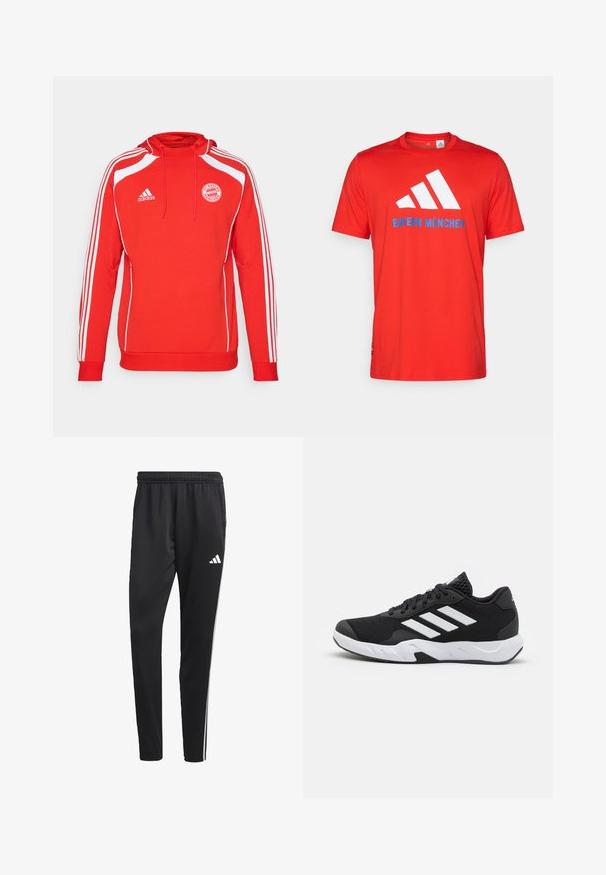 Raudona gobtuvinė palaidinė su baltais akcentais ir trimis baltomis juostomis ant rankovių. Su FC Bayern München logotipu ir raišteliu reguliuojamu gobtuvu.; Raudona medvilninė marškinė su balta trimis juostelėmis ir "BAYERN MÜNCHEN" mėlyna spalva. Apvalus kaklas ir trumpi rankovės, paprastas dizainas.; Juodos sportinės kelnes su tampriu juosmeniu, baltomis šoninėmis juostelėmis ir mažu baltu logotipu ant šlaunies. Pagamintos iš sklandžios, lengvos medžiagos.; Juodi sportiniai batai su tekstūruotu tinkliniu paviršiumi, baltais akcentų dryžiais, paminkštintu padu ir sustiprintu kulnu paramai.