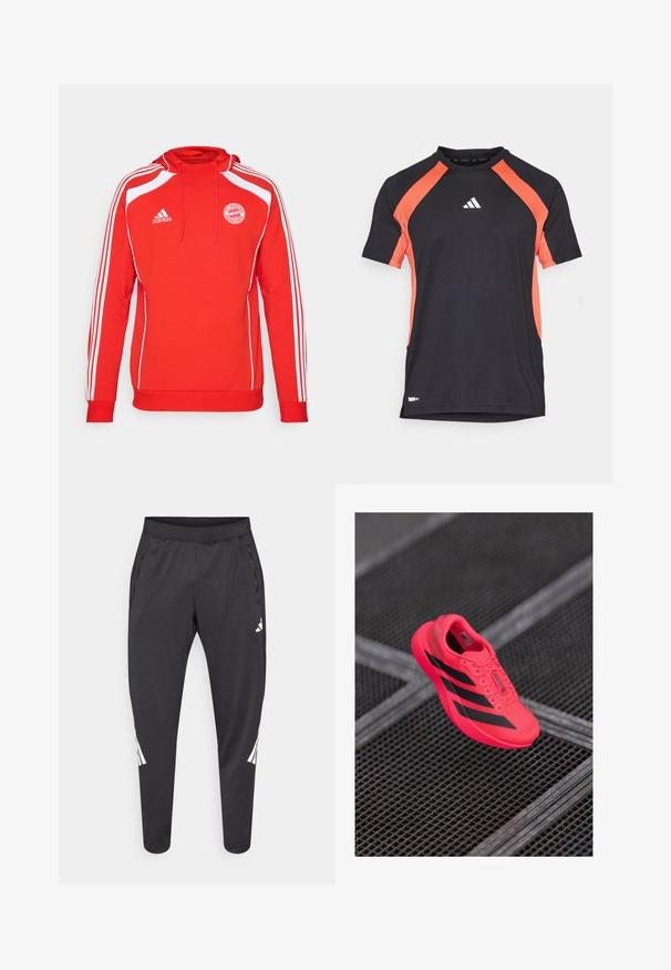 Red hooded sweatshirt with white accents and three white stripes along the sleeves. Features FC Bayern München logo and drawstring hood.; Black athletic t-shirt with short sleeves, orange side panels, and white Adidas logo on the front. Smooth fabric, crew neck design.; Black athletic pants with tapered legs, elastic waistband, side pockets, and white logo and stripes detailing. Made from a smooth, lightweight material.; Bright pink running shoe with black stripes, made of lightweight mesh material, featuring a textured sole and lace-up design.
