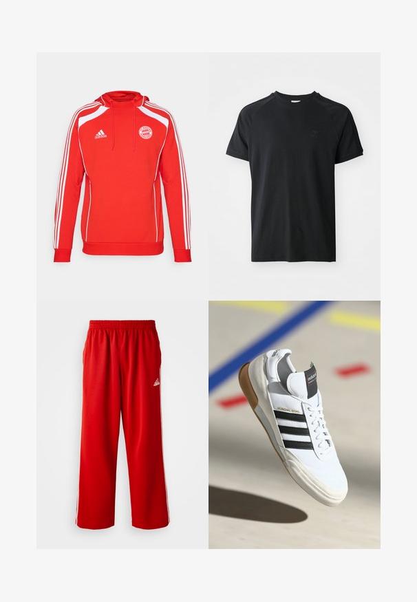 Rode hoodie met witte accenten en drie witte strepen langs de mouwen. Bevat het logo van FC Bayern München en een trekkoord in de capuchon.; Zwarte katoenen t-shirt met een ronde hals, korte mouwen en raglanontwerp. Heeft een gestructureerd logo op de linkerborst. Glad afwerking.; Rode sportbroek met een elastische tailleband, voorzien van witte zijkanten en een klein merklogo op de linkerheup. Gemaakt van lichtgewicht stof.; Witte Adidas Mundial Goal sneakers met zwarte strepen en gumzool, midden in de lucht boven een sportvloer met gekleurde lijnen.