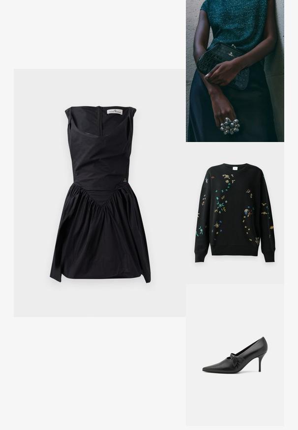 Felpa nera con ricami floreali e farfalline multicolori,collo rotondo, vestibilità comoda, polsini e orlo a coste. Materiale morbido in misto cotone.; Abito nero senza maniche con un corpetto strutturato, gonna arricciata e dettaglio a cucitura a V. Presenta una cerniera sul retro e un sottile accento del logo.; GIABORGHINI ARTEMIS - Decolleté - black; Clutch bag nera con motivo coccodrillo e hardware argentato, appoggiata su uno sfondo grigio texture. Presenta una superficie lucida.