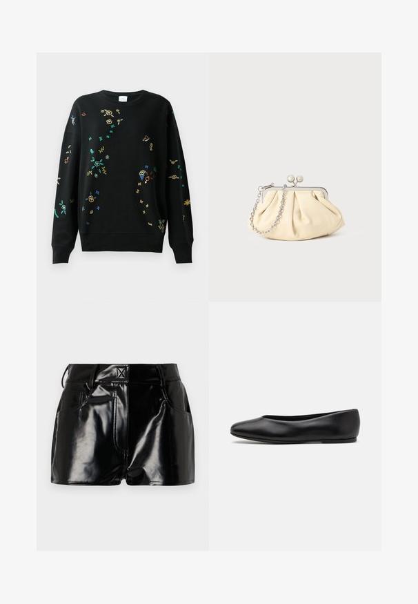 Sweatshirt preto com bordado multicolorido de flores e borboletas, decote redondo, corte solto, punhos e bainha canelados. Material macio em mistura de algodão.; Calções pretos e brilhantes feitos de material sintético. Apresentam uma cintura justa, passantes para cinto e bolsos frontais com detalhes de costura proeminentes.; Paul Smith TOPANGA - Sabrinas - black; Clutch de couro bege plissado com uma estrutura de metal prateado, apresentando dois fechos decorativos redondos e uma alça de corrente prateada.