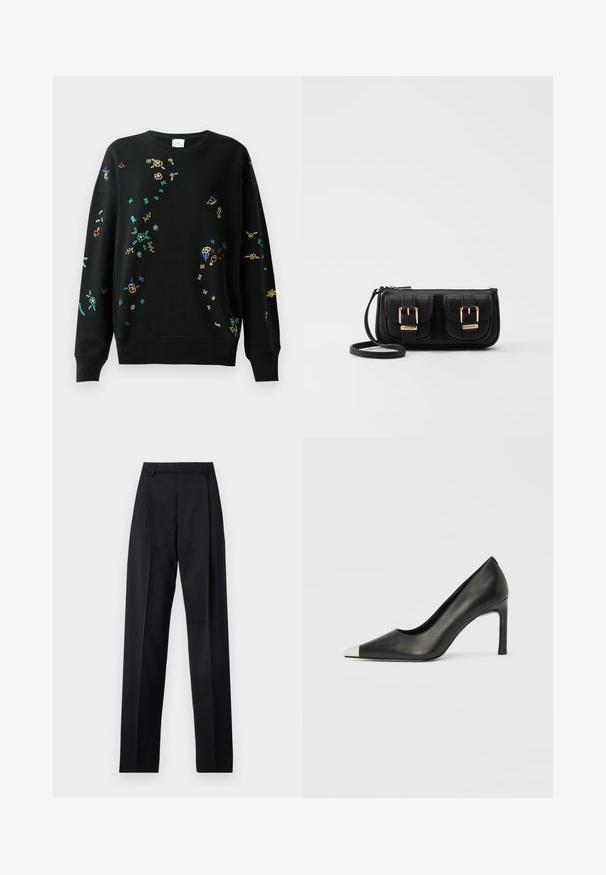 Svart hettegensere med flerfarget blomster- og sommerfuglebroderi, rund hals, løs passform, ribbestrikkede mansjetter og kant. Myk bomullsblanding.; Svarte bukser laget av glatt stoff, med høy midje, vide ben, frontfolder og klassiske beltehemper. Ingen synlige sidelommer.; Svart lærsko med høye hæler, spiss tå og metallisk sølvhette. Har en glatt finish og en slank hæl på 10 cm.; Svart skinn crossbody veske med to frontlommer, gyldne spenner, glidelåslukking og en slank stropp. Teksturert overflate og kompakt rektangulær form.
