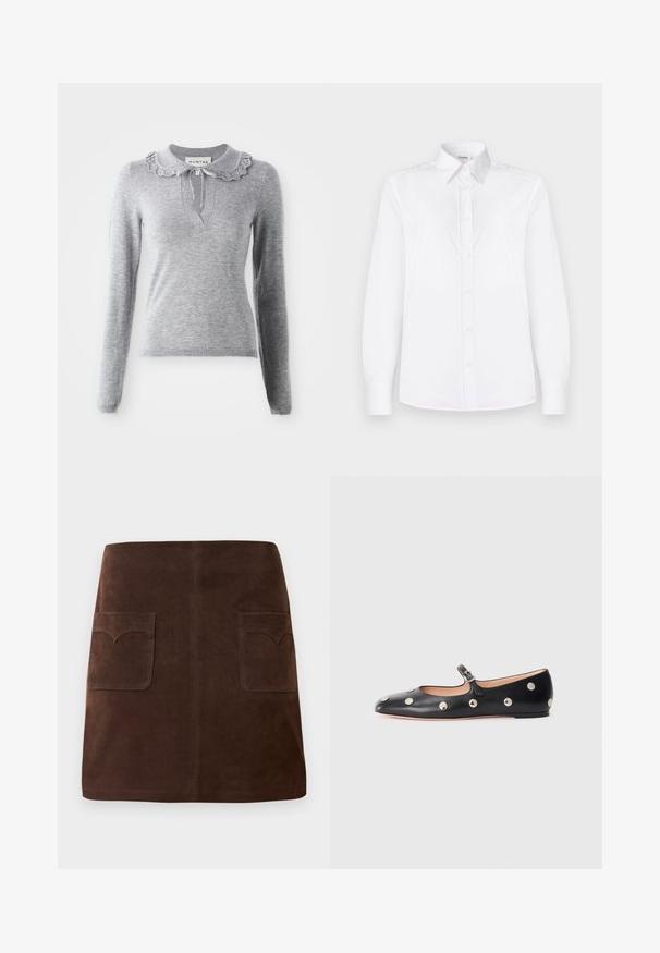 Sivi pleteni pulover s volanastim ovratnikom, dugim rukavima i izrezom u obliku slova V. Sadrži detalj s vezicom na ovratniku.; Bijela košulja dugih rukava od glatkog materijala, s ovratnikom i prednjim dio na dugme s svijetlo ružičastim gumbima.; Smeđa suknja od antilopa s klasičnim A-linijom, dva prednja džepa s zaobljenim poklopcima i suptilnim detaljima šivanja.; Crne kožne Mary Jane balerinke s zaobljenim vrhom, koje sadrže srebrne kružne zakovice i podesivu traku s kopčom.