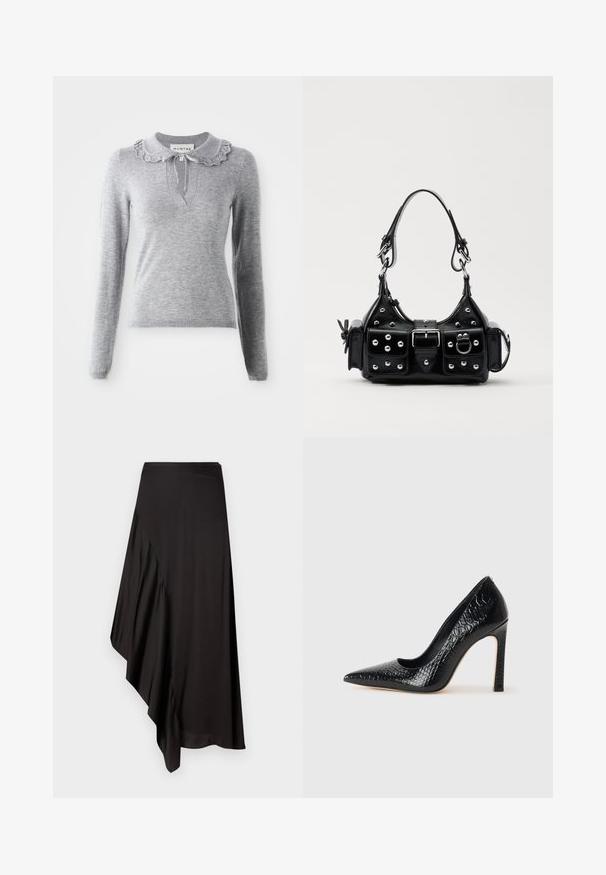 Pelēks adīts džemperis ar ruffled apkakli, garām piedurknēm un V-veida izgriezumu. Iekļauj stīgu detaļu apkaklē.; AERON ASTER SKIRT - Zīmuļsvārki - black; Melni augstpapēžu apavi ar norādītu purngalu, ar krokodila ādas tekstūru, izceļoties ar elegantu dizainu, augstu stiletto papēdi un gludu melnu interjeru.; Melnas ādas rokturmais ar izliekumu, ar sudraba iedurtiem, sprādzi un divām sānu kabatām. Regulējams siksniņas garums dažādām nēsāšanas iespējām.