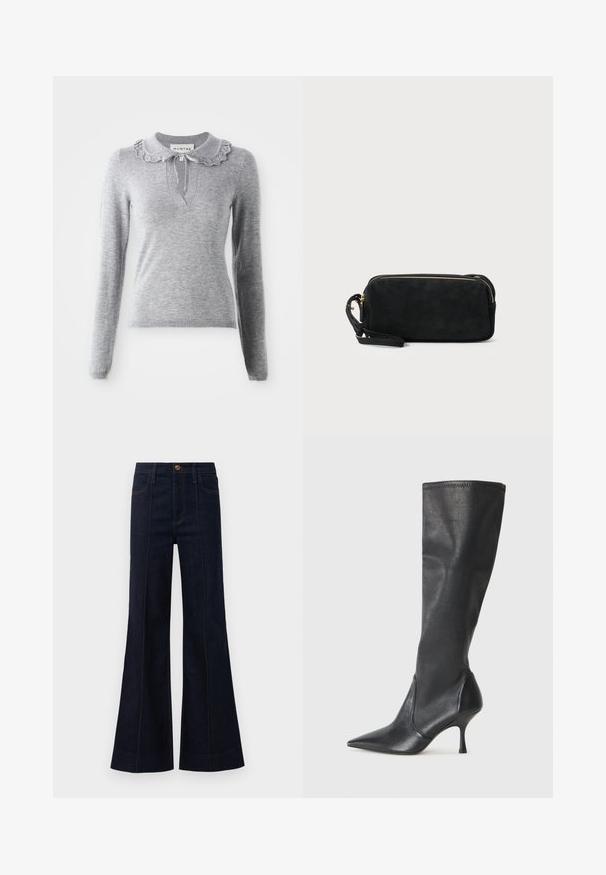 Sivkasta pleteno pulover s volanastim ovratnikom, dolgimi rokavi in V-izrezom. Ima podrobnost v obliki vrvic na ovratniku.; Temno modri traper hlače s širokimi hlačnicami in visokim pasom, sprednjimi žepi ter vidnimi šivi. Tkanina ima gladko teksturo in strukturirano obliko.; Črne usnjene škornje do kolen s koničastim nosom in ozkim stiletto peto. Gladka tekstura z oblikovanim dizajnom in šivi na zgornjem robu.; Črna semiš torbica z zadrgo in odstranljivim zapestnim trakom. Ima zlate kovinske dodatke in gladko, mat površino.