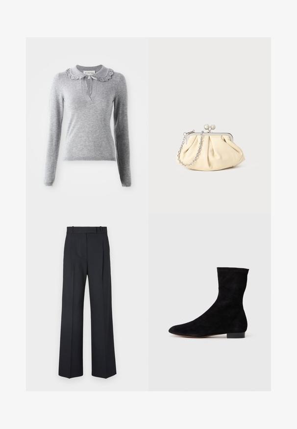 Gray knitted sweater with a ruffled collar, long sleeves, and a V-cut neckline. Features a drawstring detail at the collar.; Dark blue pinstriped trousers with a high waist, wide leg design, and no visible hardware or embellishments. Smooth texture and tailored fit.; Black suede ankle boot with a fitted shaft, pointed toe, and a low block heel. Smooth texture and minimalistic design, suitable for versatile styling.; Pleated beige leather clutch with a silver metal frame, featuring two round decorative clasps and a silver chain strap.