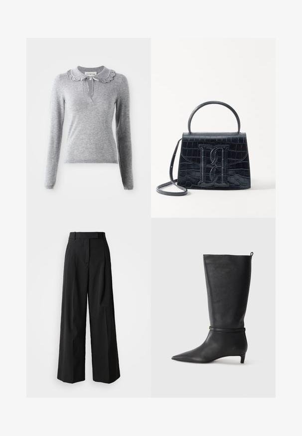 Gray knitted sweater with a ruffled collar, long sleeves, and a V-cut neckline. Features a drawstring detail at the collar.; Black wide-leg trousers made of a smooth fabric with a high waistband, featuring two front pleats and a tailored design.; Black leather knee-high boot with a pointed toe, accented by a circular strap around the ankle and a low, tapered heel. Smooth texture.; Black crocodile-embossed leather handbag with a structured design, top handle, adjustable strap, and a prominent front logo detail.
