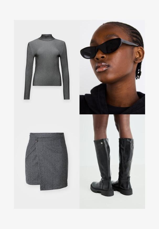 Slim-fit, long-sleeve turtleneck top in metallic grey with a ribbed texture and minimalistic design. Features a high neck and seamless shoulders.; Grey herringbone wrap skirt made from textured wool fabric, featuring a single button closure at the waist and an asymmetrical hemline.; Black knee-high leather boots with a smooth texture, rounded toe, chunky sole, and zipper closure. Features silver logo on the side.; Black cat-eye sunglasses with a matte finish, featuring a sleek design and gently curved edges, set against a model's dark clothing.; Silver hoop earrings featuring clear, rectangular and triangular crystals arranged in a patterned design. Posts for secure fastening.