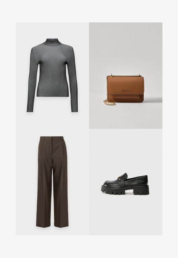 Slim-fit, dlouhý rukáv, rolák v metalicky šedé barvě s žebrovanou texturou a minimalistickým designem. Obsahuje vysoký límec a bezšvové ramena.; Hnědé kalhoty s širokými nohavicemi a hladkým texturou, s vysokým pasem, předními záhyby a přizpůsobeným střihem. Žádné viditelné kapsy ani ozdoby.; Černé kožené mokasíny s robustní podešví, které mají zlatý akcent na přední části a hladký povrch. Robustní vzor protiskluzu na podešvi.; Hnědá texturovaná kožená kabelka přes rameno se zlatým řetízkovým popruhem a klopnovým uzavíráním. Přední strana obsahuje detail loga a kapsu pod klopou.