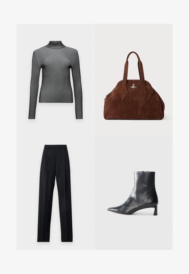 Slim-fit, langlijf turtleneck in metallic grijs met een geribbelde textuur en minimalistisch ontwerp. Heeft een hoge hals en naadloze schouders.; Zwarte broek gemaakt van gladde stof met een hoge taille, wijde benen, voorplooien en klassieke ceintuurlussen. Geen zijzakken zichtbaar.; Zwarte leren enkellaars met een spitse neus en een slank ontwerp. Heeft een lage hak en een ritssluiting aan de achterkant. Gladde textuur.; Bruine suède handtas met een gestructureerde vorm, ronde body en verlengde ruitvormige handvatten. Voorzien van een sluiting met zilveren hardware.