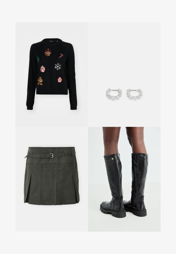 Melnas džemperis ar apaļu kaklu, kurā ir dekoratīvi izšuvumi Ziemassvētku simboli: koks, rotājumi, piparkūkas un sniegpārsliņas.; Tumši zaļa kokvilnas mini svārki ar pieguļošu jostasvietu, jostu un priekšējiem krokiem. Iekļauj šuvju detaļas un klasisku griezumu.; Melnas ādas zābaki līdz ceļiem ar gludu tekstūru, noapaļotu purngali, masīvu zoli un rāvējslēdzēju. Sānos atrodas sudraba logo.; Sudraba auskari ar cilindra formu, kuros ir novietoti taisnstūra un trīsstūra skaidri kristāli, sakārtoti apļa formā ar centrālo stiprinājumu.