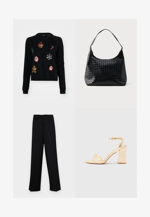 Black sweater with a round neck, featuring sequin embellishments of Christmas icons: a tree, ornaments, gingerbread, and snowflakes.; Black wide-leg trousers made of smooth fabric, featuring a classic waistband with a button closure and front pleats.; Gold metallic high-heeled sandal with an ankle strap, open toe, and a square block heel. Smooth texture and minimalistic design.; Black woven leather bag with a single shoulder strap, featuring a soft, curved shape and a shiny finish. No external pockets visible.