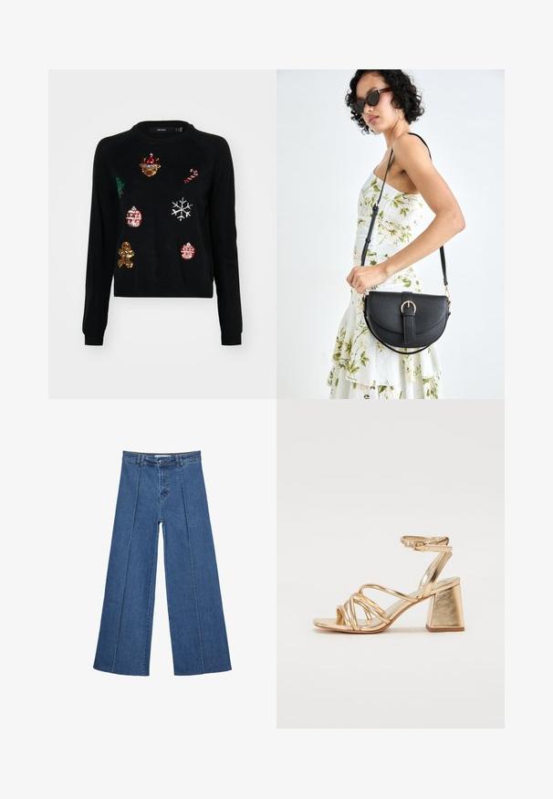 Schwarzer Pullover mit Rundhalsausschnitt, verziert mit Pailletten von Weihnachtsmotiven: einem Baum, Ornamenten, Lebkuchen und Schneeflocken.; Weite Jeans aus Denim in Mittelblau, mit hoher Taille, Knopfverschluss und kontrastierenden vertikalen Nahtdetails an der Vorderseite.; Goldfarbene, metallisch glänzende Sandalen mit Absatz, die über ein verführerisches Riemen-Design, einen quadratischen Blockabsatz und einen verstellbaren Knöchelriemen mit Schnalle verfügen. Glatte Textur.; Schwarze Lederhandtasche mit geschwungener Form, abnehmbarem Tragegurt und goldenen Beschlägen. Die Tasche verfügt über einen Deckel mit einer Schnallen-Details.