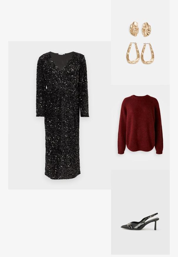 Red, knitted sweater with a round neckline, long sleeves, and a soft texture. The design features a relaxed fit and drops slightly at the hem.; Black sequined dress with long sleeves, a deep V-neckline, and ankle-length design. Sparkling texture enhances visual interest.; Black patent leather slingback shoe with pointed toe, ankle straps featuring silver buckles and hardware, and a slender heel.; Gold metallic handbag with a structured design, smooth texture, and adjustable strap. Features a unique triangular shape and minimalist stitching.; Gold-tone earrings featuring textured, wavy shapes. Includes sculptural clip-on studs and open hoop design with a hammered finish.