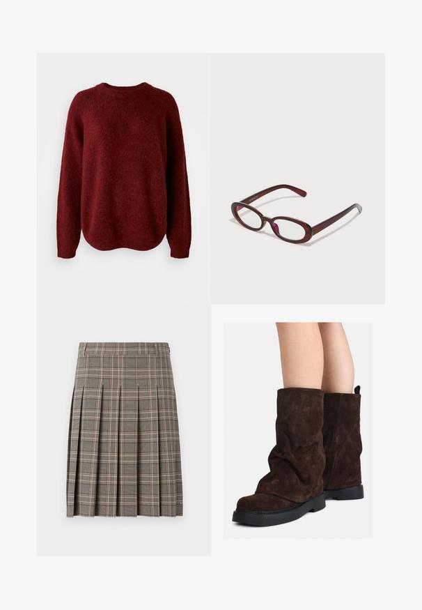 Raudona, megzta palaidinė su apvalia apykakle, ilgomis rankovėmis ir minkšta tekstūra. Dizainas pasižymi laisvu kirpimu ir šiek tiek nusileidžia hemu.; Pilkas langelis sijonas su klostėmis, turintis tamsių ir šviesių tonų derinį bei subtilias rožines linijas. Pagamintas iš tekstūruoto audinio su juosmeniu.; Rudi od suede iki blauzdų aukščio, su juodais gumos padais, dėvimi ant nuogų kojų, rodo lengvą raukšlių susidarymą ant batų šonų.; Ovalo formos raudoni akiniai su skaidriais lęšiais ir elegantiškais rudais rėmeliais. Dizainas pasižymi subtiliomis kreivėmis ir minimaliais detalėmis.