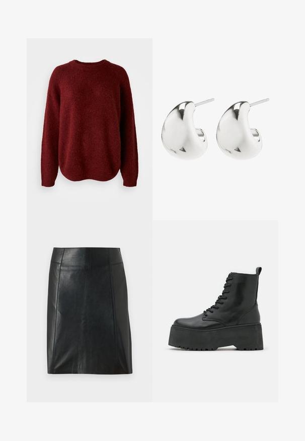 Punane kootud sviiter ümarate käelõhedega, pikkade varrukatega ja pehme tekstuuriga. Kujundus on lõdva lõikega ja hem drops veidi.; Mustast nahast seelik, millel on kohandatud disain. Sile tekstuur, õmblused, mis rõhutavad vormi, ja sirge äär. Minimalistlik ja stiilne välimus.; Mustad mustad kingad paksu platvormi tallaga, valmistatud siledast nahast, nööpide ja taga tõmbeauguga.; Hõbedased kõrvarõngad, millel on sile, kumer disain. Need on viimistletud poleeritud pinnaga ja neil on kinnituseks post tagasi, tagades kindla kandmise.