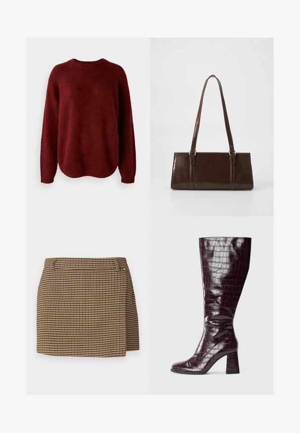 Roter Strickpullover mit rundem Ausschnitt, langen Ärmeln und weicher Textur. Das Design weist eine lockere Passform auf und fällt am Saum leicht ab.; Braun und beige gemusterter Minirock im Hahnentrittdesign mit leichter Wickeloptik und Gürtelschlaufen auf einem weißen Hintergrund.; Dunkelburgunderfarbene knielange Stiefel mit Krokodillederstruktur und Blockabsatz vor weißem Hintergrund, seitlich dargestellt.; Braune Lackleder-Handtasche in rechteckiger Form, mit zwei langen Griffen und subtilen, geschwungenen Akzenten auf der Vorderseite.; Goldfarbene Metallohrringe in einer glatten, abgerundeten dreieckigen Form mit Steckverschluss; reflektierende Oberfläche mit minimaler Detailarbeit.
