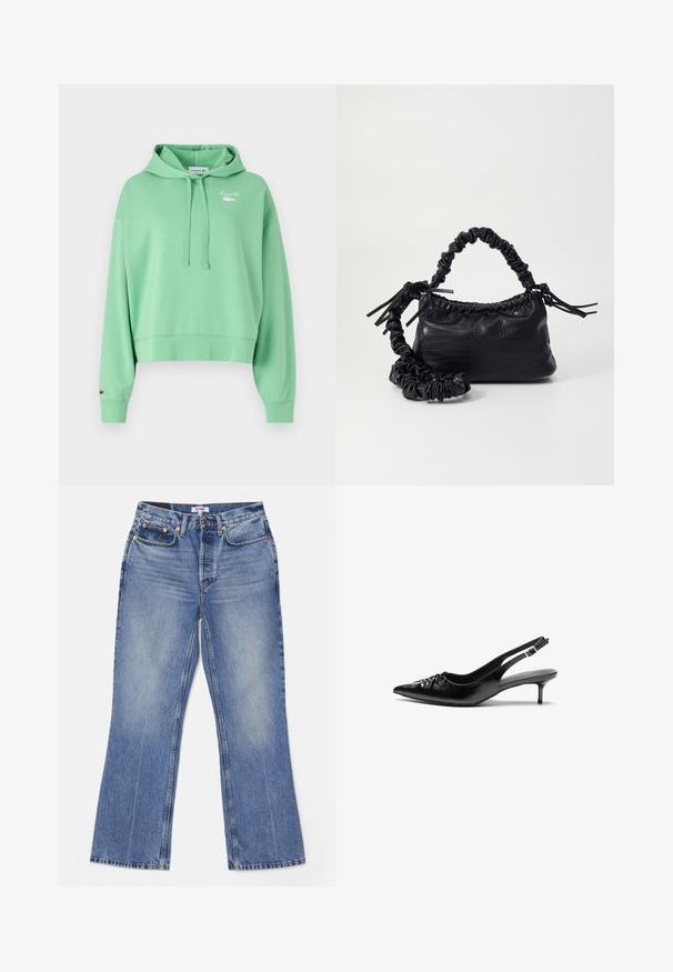 Minzgrüner, kurzer Hoodie mit Kordelzugkapuze, langen Ärmeln und einem weißen, gestickten Logo auf der Brust. Hergestellt aus weichem Baumwollmaterial.; RE/DONE LOOSE - Jeans Bootcut - hacienda; Schwarze Leder-Slingback-Absätze mit einer spitzen Zehenform, kleinen Kitten-Absätzen und einem dekorativen Knoten-Detail auf der Vorderseite. Glatte Textur über die gesamte Fläche.; Schwarze Handtasche aus Kunstleder mit Krokodilstruktur, gerafftem oberen Teil und einem geschoppten Tragegurt. Sie wirkt weich und kompakt im Design.