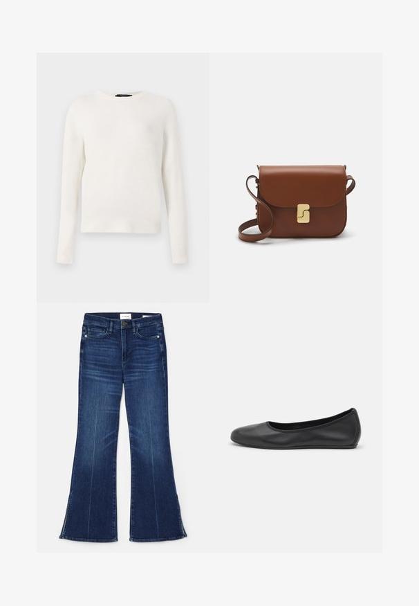 Valkoinen neulepusero, jossa on pyöreä kaula-auko, pitkät hihat ja joustavat hihansuut. Pehmeä rakenne yksinkertaisella ja klassisella designilla.; Tummansiniset leveälahkeiset farkut, jotka on valmistettu denimmateriaalista. Ominaisuuksiin kuuluu korkea vyötärö, etupocketit ja halkiokohdat helman kohdalla. Klassinen viiden taskun muotoilu.; Musta nahkainen ballerina, jossa on pyöristetty kärki, sileä pinta, minimaalinen ommelkoristelu ja joustava pohjamuotoilu.; Ruskea nahkainen käsilaukku, jossa on läppäkiinnitys, kultasävyiset yksityiskohdat, olkahihna ja sileä pinta. Kompaktin suorakaiteen muotoinen.