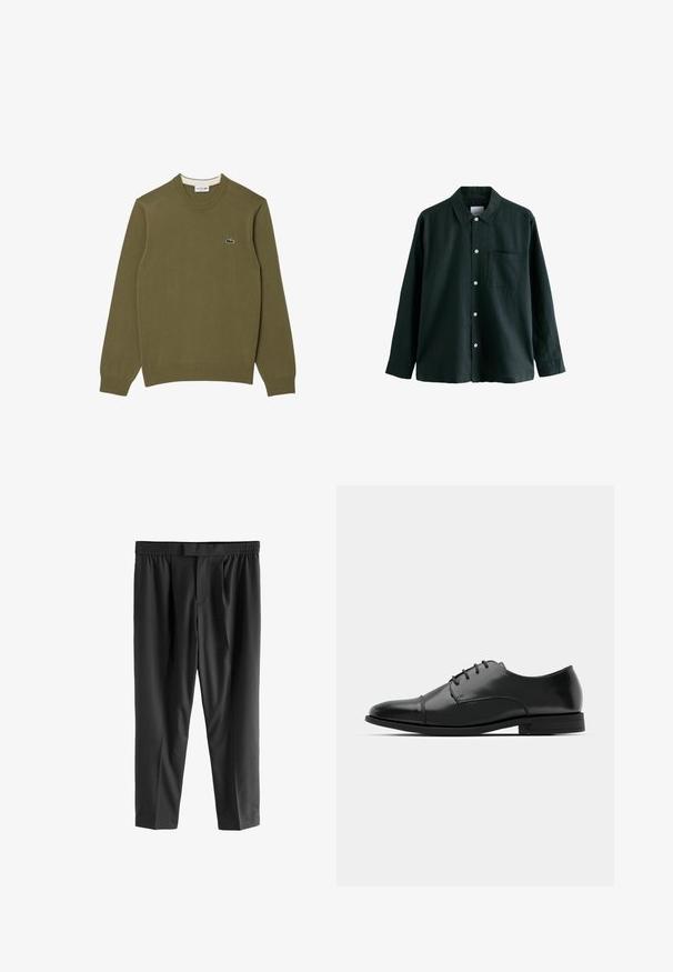 Oliwkowy sweter wykonany z miękkiego materiału, z ribbowanym okrągłym dekoltem i mankietami, z małym haftowanym logo na piersi.; Ciemnozielona koszula z długim rękawem i kołnierzykiem, posiadająca jedną kieszeń na piersi; wyróżnia się białymi guzikami i miękką fakturą.; Next REGULAR FIT czarny; Czarne skórzane buty do garnituru z okrągłym noskiem, sznurowanym zapięciem, subtelnymi detalami przeszycia oraz niskim obcasem. Gładka faktura z polerowanym wykończeniem.