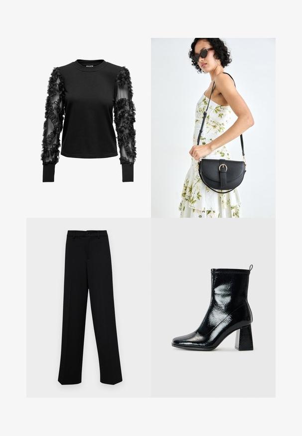 Black long-sleeve top featuring a soft, fitted body and sheer sleeves adorned with fabric ruffles, creating a textured accent near the cuffs.; Black wide-leg trousers made of smooth fabric, featuring a classic waistband with a button closure and front pleats.; Black patent ankle boot with a square toe and chunky geometric heel. Features a smooth, shiny texture and a rear pull tab for easy wear.; Black leather handbag with a curved shape, detachable strap, and gold hardware. The bag features a flap with a buckle detail.