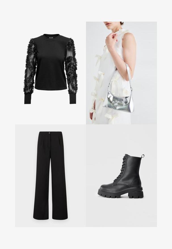 Zwarte langemouwtop met een zacht, aansluitend lichaam en sheer mouwen versierd met stoffen ruffles, die een textuuraccent creëren bij de manchetten.; Zwarte high-waist wijde broek met een sluiting aan de voorkant met knoop en rits, met subtiele plooien onder de tailleband.; Zwarte leren veterschoenen met een chunky zool, ronde neus en gestructureerde bovenkant. Voorzien van metalen oogjes en een klein trekkoordje aan de achterkant.; Zilveren metallic handtas met een gestructureerde vorm, voorzien van een bovenhandvat en een strikdetail aan de voorkant. Gladde textuur, reflecterende afwerking.