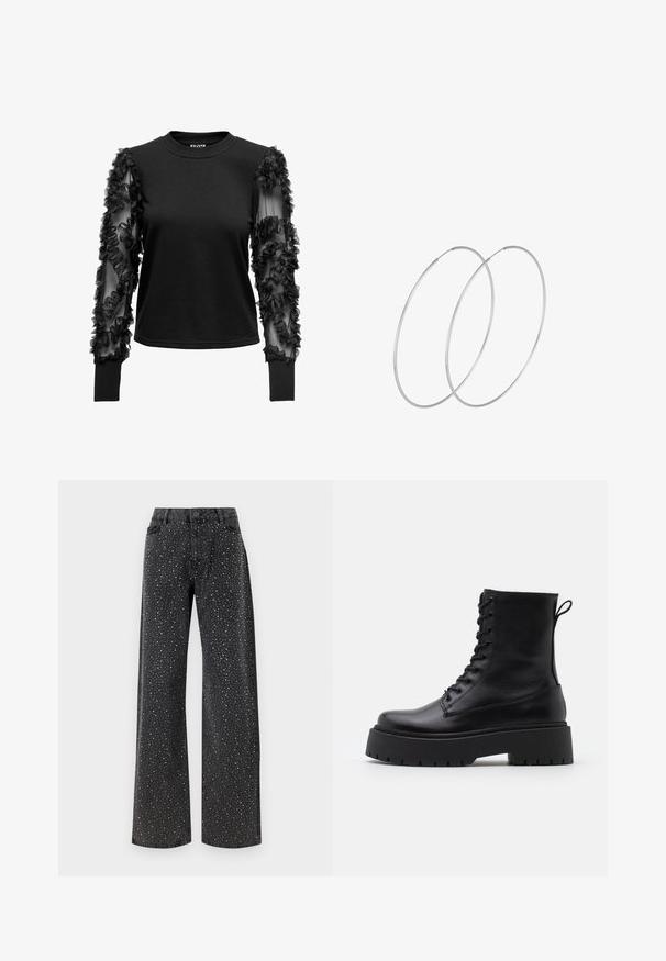 Mustad pika varrukatega topp, millel on pehme, liibuv keha ja õhuke vart, mida kaunistavad kangast ripsmed, luues tekstuurilise aktsendi varrukate lähedal.; Noisy May NMJANNEL LOOSE - Avar lõikega teksad - black denim; Mustad mustad nahast pahkluu saapad ümarate varvastega, nööridega esiosas ja paksu kummist talla ning tekstuuritud mustriga. Tagumine tõmbeaas.; Hõbedased rõngastikkaehingad minimalistlikus disainis. Ümar kuju, sile tekstuur ja õhuke profiil. Kerged ning poleeritud viimistlusega.