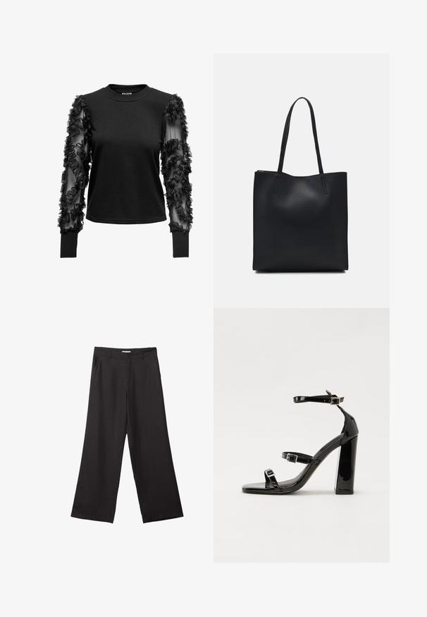 Crni dugi rukav majica s mekim, prilagođenim tijelom i prozirnim rukavima ukrašenim tkanim naborima, koji stvaraju teksturirani naglasak pored manžetni.; Crne hlače širokog kroja izrađene od glatkog materijala, s prednjim patentnim zatvaračem i dva bočna džepa, s prilagođenim fitom i minimalističkim dizajnom.; Crne lakirane sandale na pete sa kvadratnim nosom, trakama oko gležnja i srebrnim kopčama. Imaju čvrst blok petu za stabilnost.; Crna kožna torba za nošenje s glatkom teksturom, pravokutnim oblikom i dvije duge ručke. Nema vidljivih metalnih dijelova ili ukrasa.
