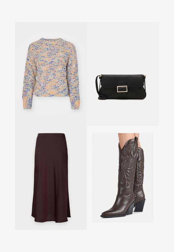 ONLY ONLLUCA ONECK - Jumper - rose smoke/multi color; Burgundy satin midi skirt with a smooth texture, a straight fit, and a slightly flared hem. No visible patterns or hardware details.; Brown leather cowboy boots with pointed toe and block heel, featuring detailed stitching and raised accents on the shaft.; Black leather clutch bag with a flap and a gold metal buckle detail. Includes a black strap and a sleek, minimalist design.; Silver hoop earrings with a twisted design, featuring a polished finish and post-back closure. Measure approximately 3 cm in diameter.