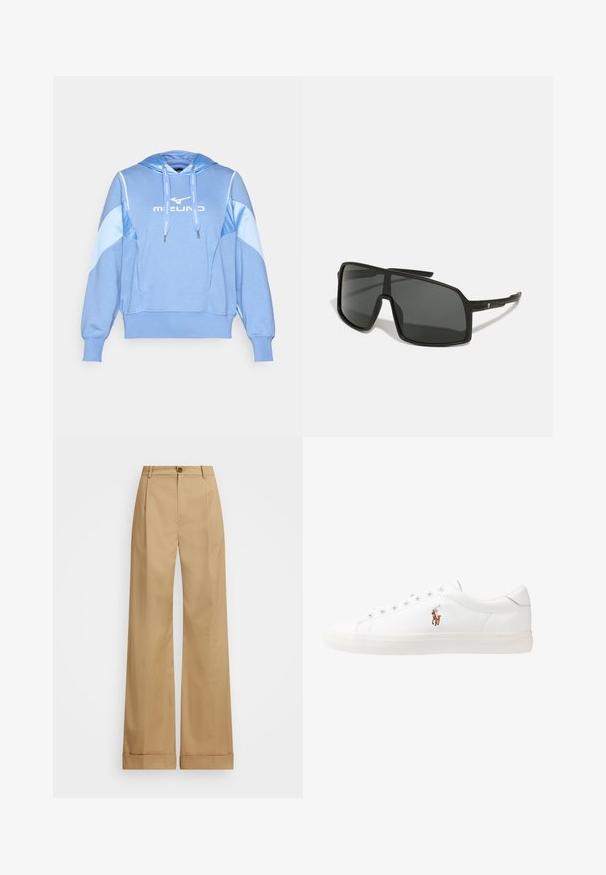 Sweatshirt azul claro com capuz ajustável, punhos elásticos e painéis laterais em azul claro em contraste. Apresenta um logotipo branco na frente.; Calças largas beje com fecho de botão, apresentando uma textura suave e pregas vincadas. Bainhas com punho para um detalhe adicional.; Sapatilhas de couro brancas, design de cano baixo, com textura suave, biqueira redonda, atacadores à frente e um pequeno logótipo bordado na lateral.; Óculos de sol pretos com uma grande armação angular, lentes escuras e hastes finas e elegantes, apresentando um pequeno logótipo de um lado.