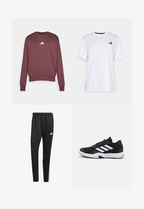 Sweatshirt bordeaux com gola redonda, mangas longas e bainha ajustada. Apresenta um logo Adidas branco no peito. Feito de um tecido macio.; Camiseta atlética branca de mangas curtas, feita de tecido que absorve a humidade. Apresenta um logótipo preto no lado esquerdo do peito e um decote interior com padrão.; Calças de treino pretas com um cós elástico, riscas laterais brancas e um pequeno logotipo branco na coxa. Feitas de um material leve e suave.; Tenis negros desportivos com um superior em malha texturizada, riscas brancas de destaque, sola acolchoada e um calcanhar reforçado para suporte.