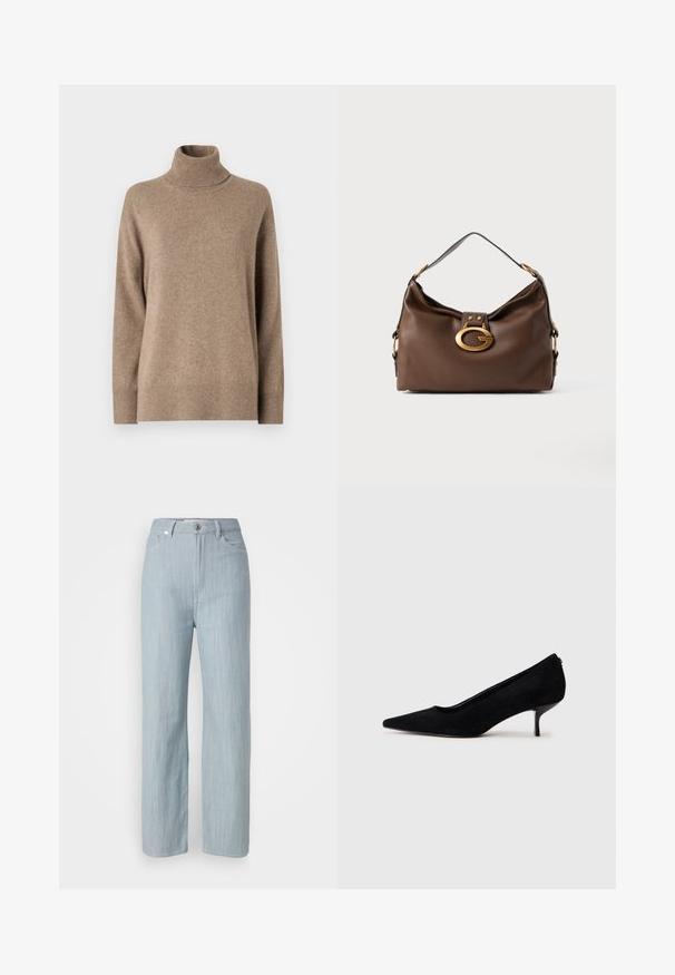 Maglione beige a collo alto realizzato in un tessuto morbido e testurizzato. Caratterizzato da maniche lunghe e orlo e colletto a coste. Design semplice e minimalista.; Jeans dritti blu chiaro in denim. Presentano cinque tasche, una chiusura con bottone in metallo e leggere sfumature per aggiungere texture.; Scarpa nera in suede con tacco alto appuntito e tacco sottile e basso. Texture liscia con un design elegante, priva di accessori visibili.; Borsa a mano in pelle marrone con una finitura testurizzata, dotata di un gancio in metallo dorato e di una singola tracolla curva.