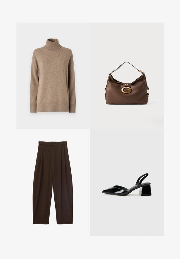 Beige Rollkragenpulli aus weichem, strukturiertem Stoff. Mit langen Ärmeln sowie geripptem Saum und Kragen. Einfaches, minimalistisches Design.; Braune, hoch taillierte Hose mit Falten, aus glattem Stoff. Lässige Passform, gerade Beinform, mit Gürtelschlaufen und Reißverschluss.; Schwarze Lackleder-Slingback-High Heels mit spitzem Schuh und einem geometrischen Blockabsatz. Verfügt über ein schlankes, minimalistisches Design und eine glatte Textur.; Braune Handtasche aus Leder mit strukturiertem Finish, ausgestattet mit einem goldfarbigen Verschluss und einem einzigen, geschwungenen Schulterriemen.