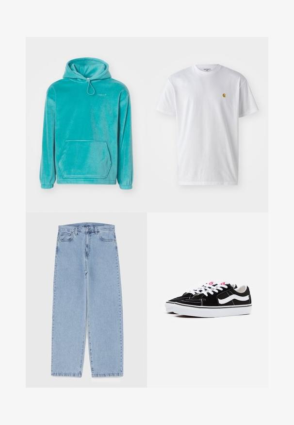 Türkiissinine kapuutsiga sviiter, millel on pehme tekstuur, ees kangaroopocket ja elastsed varrukad. Kaeluses on nöör.; Valge puuvillane t-särk lühikeste varrukatega, ümmargune kaelus, millel on väike kuldne logo vasakul rinnal. Pehme tekstuur ja regulaarne lõike.; Heled sinise denimi sirgete põlvede lõikega teksad, millel on keskmise kõrgusega vöökoht, viis taskut ning nööbid ja tõmblukk.; Mustad nubukist sneakerid valgete paeltega, millel on silmapaistev valge küljeriba ja must kummist tallaga, esitledes kontrastsete õmbluste detaile.