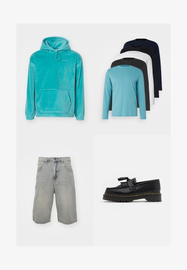 Türkiissinine kapuutsiga sviiter, millel on pehme tekstuur, ees kangaroopocket ja elastsed varrukad. Kaeluses on nöör.; Viis pika varrukaga T-särki reas: türkiissinine, must, valge, tumehall ja marineeritud sinine. Pehme kangas, ümmargune kaelus ja tavaline lõike.; Hele sinine denimpüksid, millel on mugav lõige, viis taskut, vöökohad ja kulunud tekstuur. Ümber õmmeldud lõhe.; Mustmust musta loafer, millel on frantsiisi aktsent, paks must tald ja kollane õmblus servas. Tekstuuriga viimistlus.